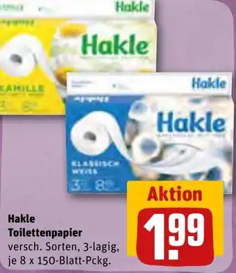 REWE Hakle Toilettenpapier 3-lagig, 8x150 Blatt Packung Angebot