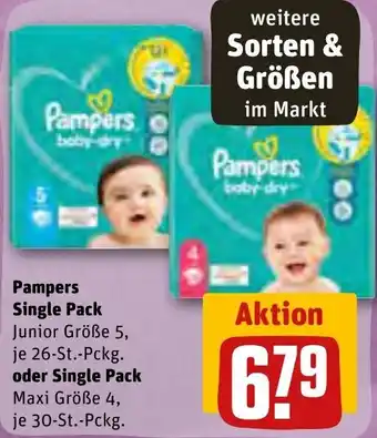 REWE Pampers Single Pack Junior Größe 5, 26 St. Pckg. oder Single Pack Maxi Größe 4, 30 St. Pckg. Angebot