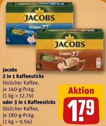 REWE Jacobs 2in1 Kaffeesticks 140 g oder 3in1 Kaffeesticks Löslicher Kaffee 180 g Pckg. Angebot