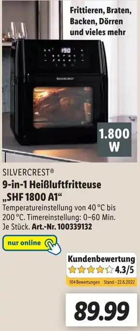 Lidl Silvercrest 9in1 Heißluftfritteuse ,,SHF 1800 A1" Angebot