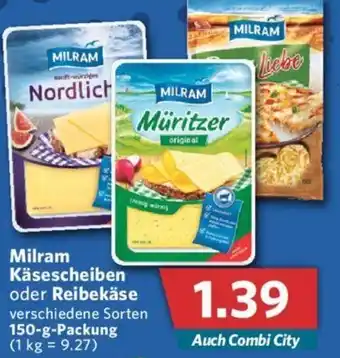 Combi Milram Käsescheiben oder Reibekäse 150 g Packung Angebot