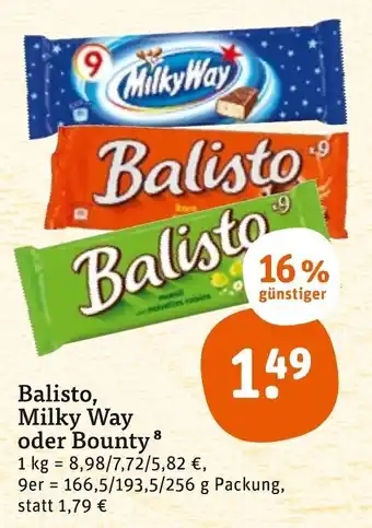 tegut Balisto Milky way oder Bounty 166,5/193,5/256 g Packung Angebot