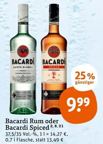 tegut Bacardi Rum oder Bacardi Spiced 0,7 l Flasche Angebot