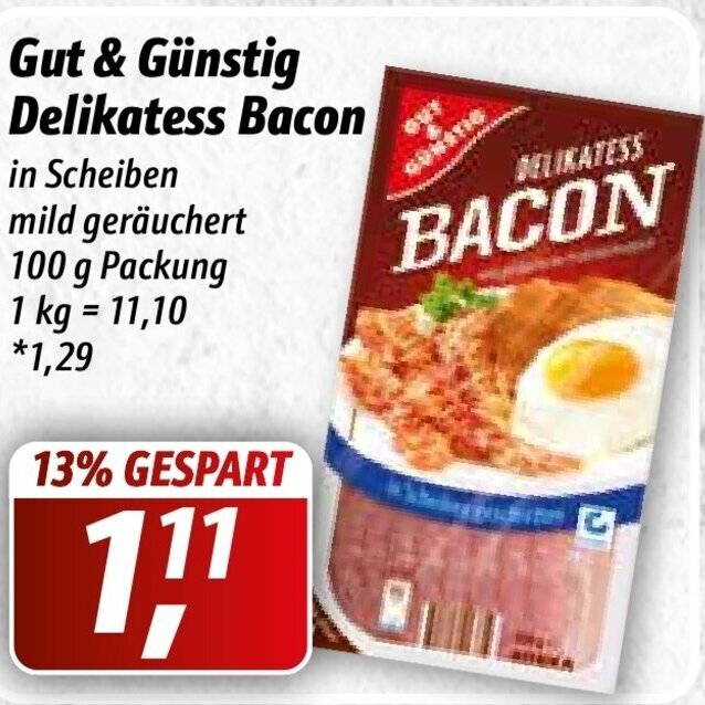 Gut & Günstig Delikatess Bacon 100 g Packung Angebot bei Simmel