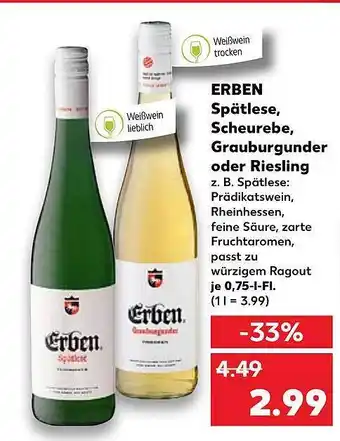 Kaufland Erben Spätlese, Schreurebe, Grauburgunder Oder Riesling Angebot