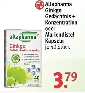 Rossmann Altapharma Ginkgo Gedächtnis + Konzentration oder Mariendistel Kapseln Angebot