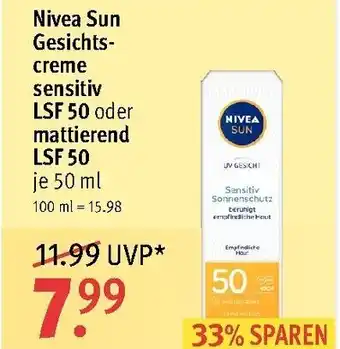 Rossmann Nivea Sun Gesichtscreme sensitiv LSF 50 oder mattierend LSF 50 50ml Angebot