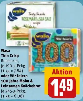 REWE Wasa Thin Crisp 190 g Pckg. oder Wir feiern 100 Jahre Mohn & Leinsamen Knäckebrot 245 g Pckg. Angebot