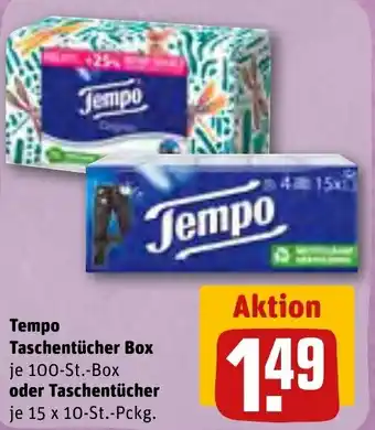 REWE Tempo Taschentücher Box 100 St. Box oder Taschentücher 15x10 St. Pckg. Angebot