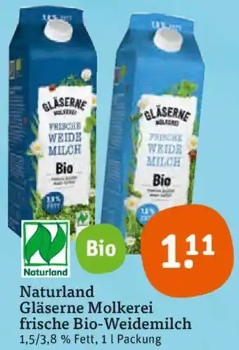 tegut Naturland Gläserne Molkerei frische Bio Weidemilch 1 L Packung Angebot