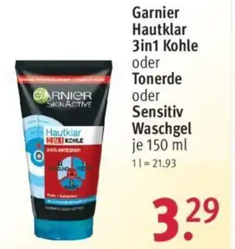 Rossmann Garnier Hautklar 3in1 Kohle oder Tonerde oder Sensitiv Waschgel 150 ml Angebot