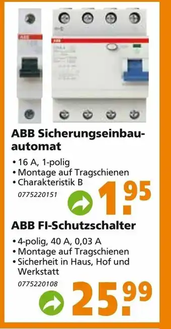 Globus Baumarkt ABB Sicherungseinbau automat oder ABB Fi-Schutzschalter Angebot