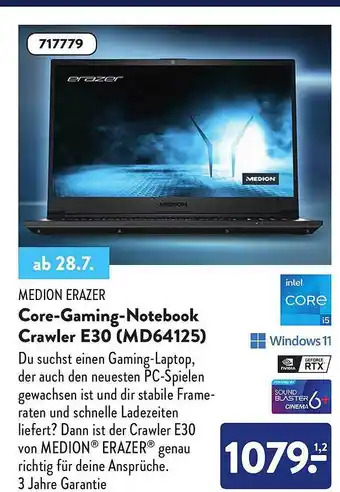 Aldi Nord Medion Erazer Cora-gaming-notebook Crawler E30 Md64125 Angebot