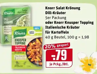 REWE Knorr Salat Krönung Dill Kräuter oder Knorr Knusper Topping Italienische Kräuter für Kartoffeln 40g Beutel Angebot