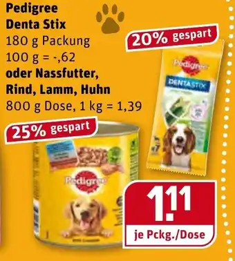 REWE Pedigree Denta Stix oder Nassfutter rind Lamm, Huhn 800g Angebot