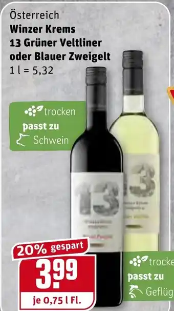 REWE Winzer Krems 13 Grüner Veltliner oder Blauer Zweigelt 0,75L Angebot