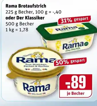 REWE Center Rama Brotaufstrich 225g Becher oder Der Klassiker 500g Becher Angebot