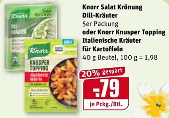 REWE Center Knorr Salat Krönung Dill Kräuter oder Knorr Knusper Topping Italienische Kräuter für Kartoffeln 40g Beutel Angebot