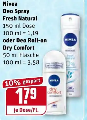 REWE Center Nivea Deo Spray Fresh Natural 150ml oder Deo Roll on Dry Comfort 50ml Angebot