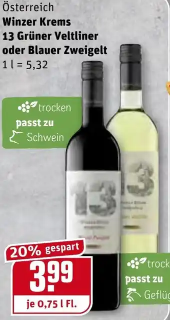 REWE Center Winzer Krems 13 Grüner Veltliner oder Blauer Zweigelt 0,75L Angebot