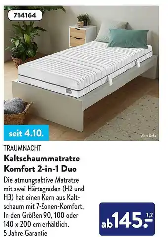 Aldi Süd Traumnach Kaltschaummatratze Komfort 2 In 1 Duo Angebot