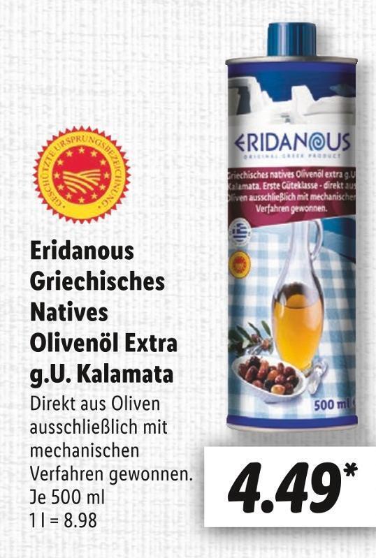 Eridanous griechisches natives olivenöl extra g.u. kalamata Angebot bei Lidl