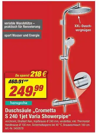 toom Baumarkt Duschsäule ,,Crometta S 240 1jet Varia Showerpipe" Angebot