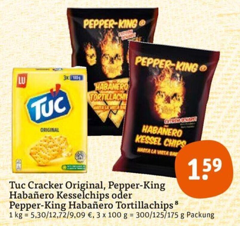 Tuc Cracker Original, Pepper King Habañero Kesselchips oder Pepper King