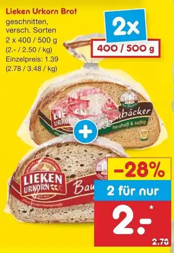 Netto Marken-Discount Lieken Urkorn Brot 2 x 400/500 g Angebot