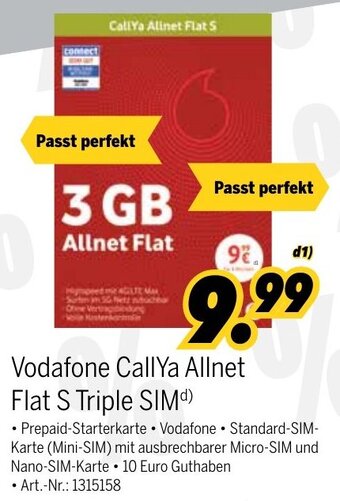 MEDIMAX Vodafone CallYa Allnet Flat S Triple Sim Angebot