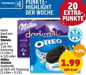 PENNY Oreo Stieleis 4x110 ml Packung oder Milka Stieleis 360 ml Packung Angebot