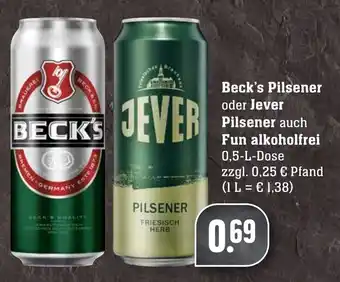 Edeka Neukauf Beck's Pilsener oder Jever Pilsener auch Fun alkoholfrei 0,5 L Dose Angebot