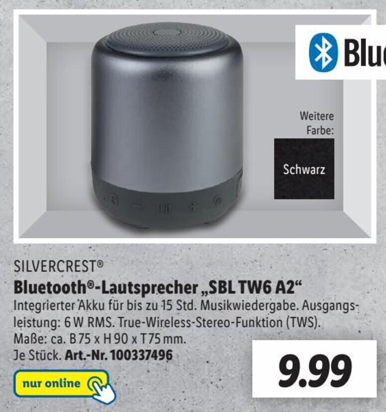 Silvercrest Bluetooth Lautsprecher ,,SBL TW6 A2" Angebot bei Lidl