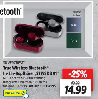 Lidl Silvercrest True Wireless Bluetooth In Ear Kopfhörer ,,STWSK 3 A1" Angebot