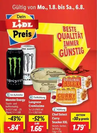 Lidl Monster energy, langnese cremissimo oder chef select curry snacker xxl Angebot