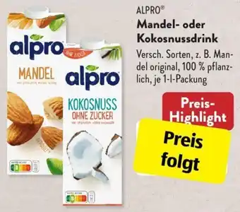 Aldi Süd Alpro Mandel oder Kokosnussdrink 1 L Packung Angebot