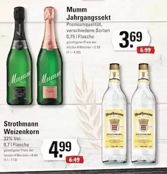 Edeka Frischemarkt Mumm jahrgangssekt, strothmann weizenkorn Angebot