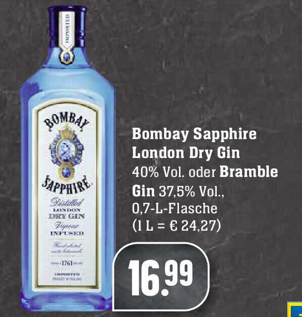 Bombay Sapphire London Dry Gin oder Bramble Gin 0,7L Angebot bei Edeka