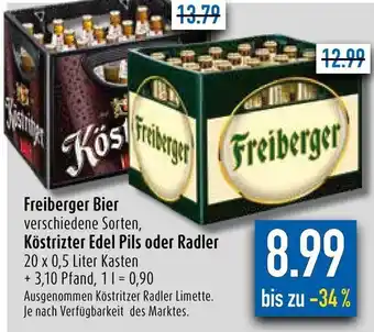 diska Freiberger Bier, Köstritzer Edel Pils oder Radler 20x0,5 Liter Kasten Angebot