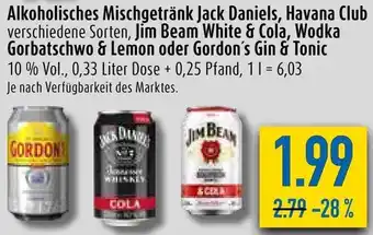 diska Alkoholisches Mischgetränk Jack Daniels, Havana Club, Jim Beam White & Cola, Wodka Gorbatschwo & Lemon oder Gordon's Gin Angebot