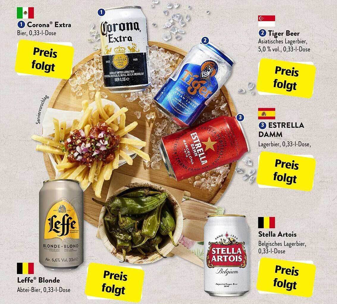 Corona extra, leffe blonde, tiger beer, estrella damm oder stella
