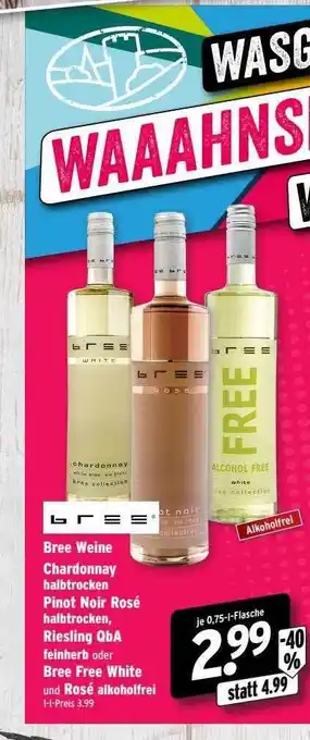 Wasgau Bree weine chardonnay halbtrocken pinot noir rosé, riesling qba feinherb oder bree free white und rosé alkoholfrei Angebot