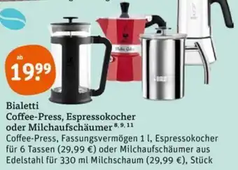 tegut Bialetti Coffee Press, Espressokocher oder Milchaufschäumer Angebot