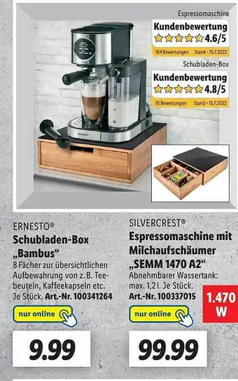 Lidl Ernesto schubladen-box „bambus” silvercrest espressomaschine mit milchaufschäumer „semm 1470 a2” Angebot