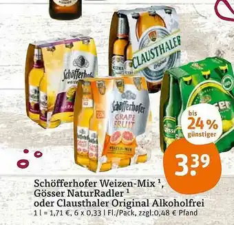 tegut Schöfferhofer Weizen Mix, Gösser Naturradler Oder Clausthaler Original Alkoholfrei 6x0,33L Angebot