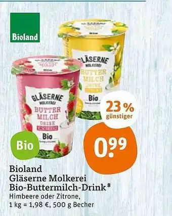 tegut Bioland Gläserne Molkerei Bio Buttermilch Drink 500g Becher Angebot