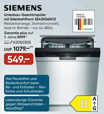 Galeria Siemens Unterbau Geschirrspüler mit Edelstahlfront SE43HS60CE Angebot