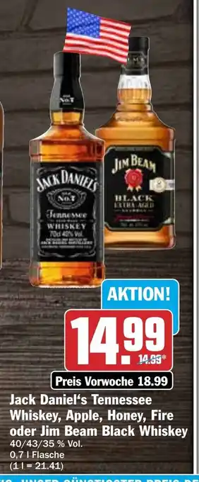 Hit Jack Daniels Tennessee Whiskey, Apple, Honey, Fire o. Jim Beam Black Whiskey 700ml Angebot