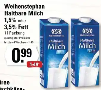 Edeka Weihenstephan Haltbare Milch 1,5% oder 3,5% Fett 1 l Packung Angebot