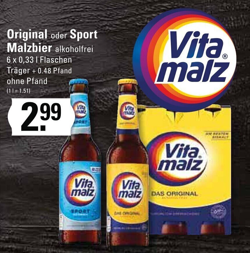 Vita malz Original oder Sport Malzbier 6x0,33 L Flaschen Angebot bei Edeka